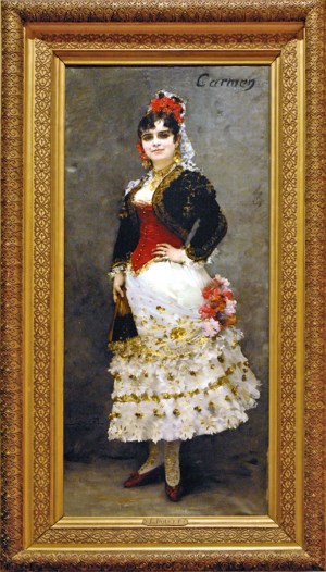 Célestine Galli-Marié dans le rôle de Carmen par Henri Lucien Doucet 1886 Peinture à l'huile sur toile Tableau réalisé en Italie L'opéra Carmen de Georges Bizet a été représenté à l'Opéra pour la première fois en 1875. livret de Prosper Mérimée
